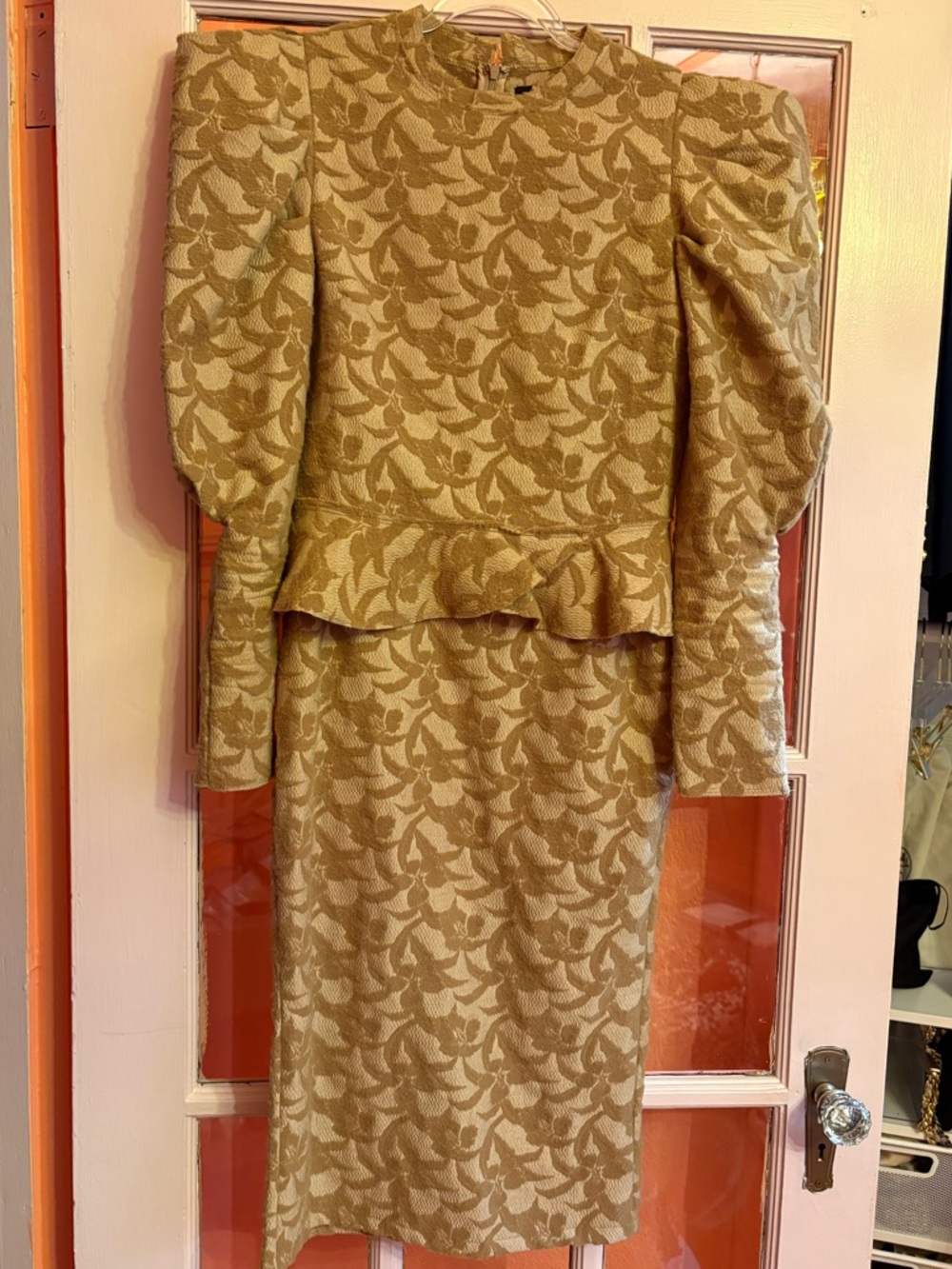 En Saison Cream and Tan Jacquard Peplum Pencil Skirt Set